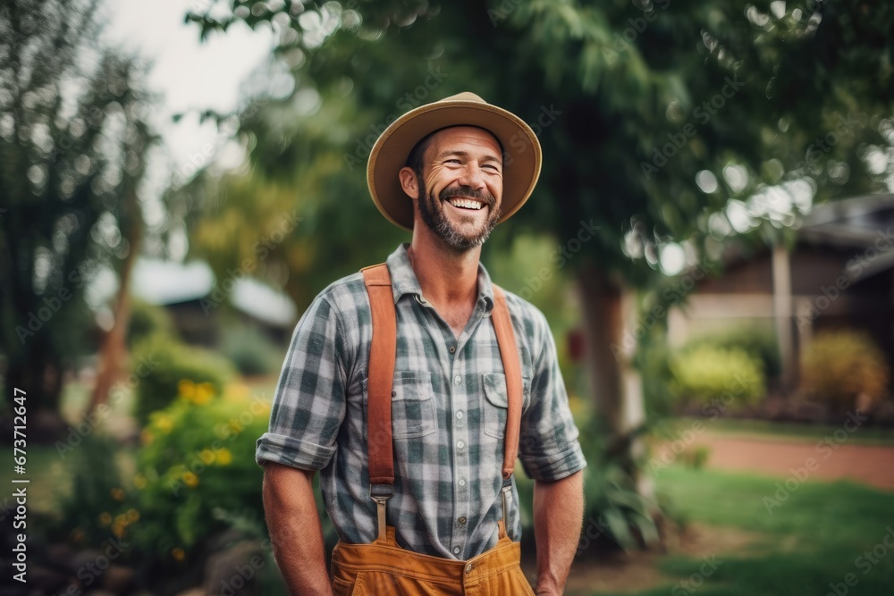 Portrait of happy male senior farmer in garden harvest.