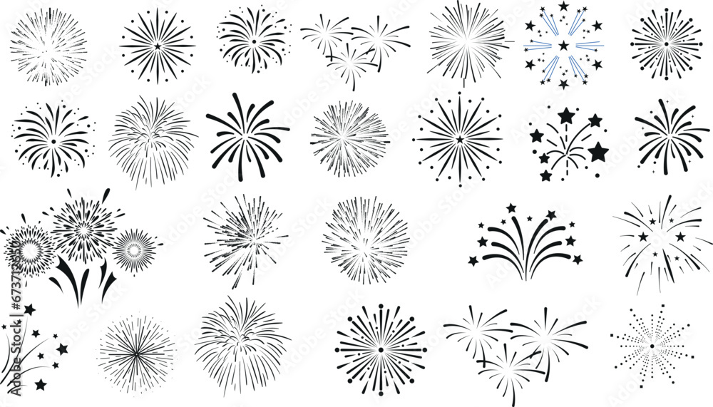 Fireworks, stars, bursts, vector illustration set. different styles, sizes. Perfect for New Year, celebrations, holiday, festive, party, night sky, pyrotechnics, sparks, bang, boom, pop, rocket - obrazy, fototapety, plakaty 