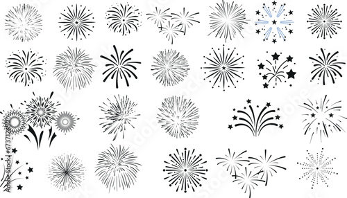 Fireworks, stars, bursts, vector illustration set. different styles, sizes. Perfect for New Year, celebrations, holiday, festive, party, night sky, pyrotechnics, sparks, bang, boom, pop, rocket