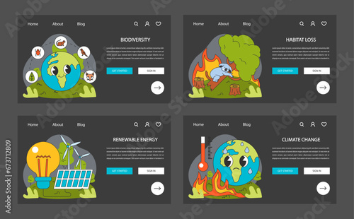 Ecology research web banner or landing page night or dark mode set. Human influence, environmental challenges. Climate change and pollution. Biodiversity, green energy, sustainability. Flat vector