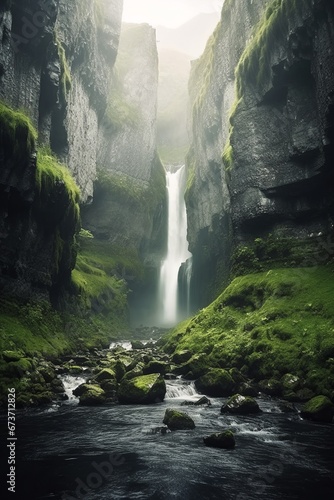 A vertical shot of a beautiful waterfall  AI generated illustration