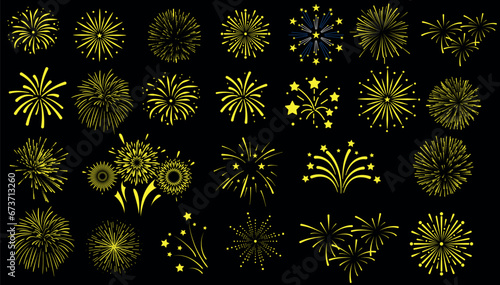 Fireworks Vector Illustration, Celebration, New Year’s Eve, Fourth of July,  An abstract pattern of vibrant, sparkling fireworks lighting up the night sky, perfect for festive occasions