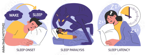 Insomnia set. Diverse characters suffering from sleep deprivation. Sleep and mental disorder. Sleep hygiene and stages. Circadian rhythm maintaining. Flat vector illustration.