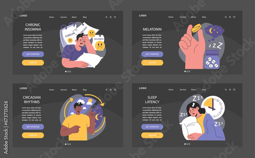 Insomnia dark or night mode web, landing set. Diverse characters suffering from sleep deprivation. Sleep and mental disorder. Sleep hygiene and stages. Circadian rhythm. Flat vector illustration.