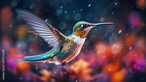 Blurred motion of a hummingbird hovering over a flow AI generated illustration