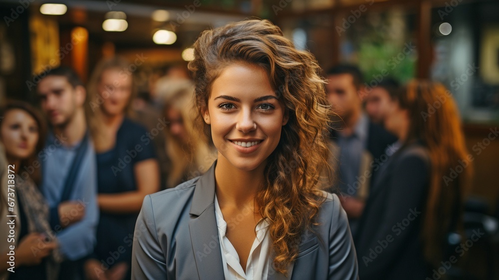 Among the crew at the office, a businesswoman is observing the camera. . Among the crew at the office, a businesswoman is observing the camera. .