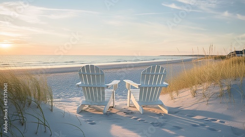 Beach chairs on the background of a stunning calm beach landscape. Coast dune beach sea, panorama. Sand and green grass.