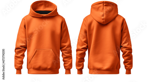 Orange front and back view hoodie mockup image isolated on transparent background. No background.