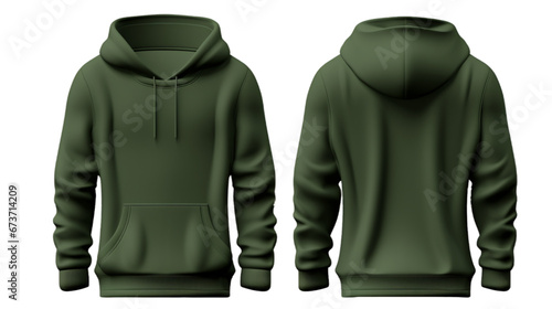 Army green front and back view hoodie mockup image isolated on transparent background. No background.