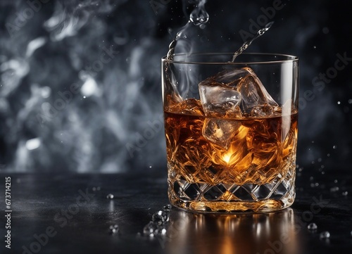 glass of Whishey with ice on dark marble background, flame background
