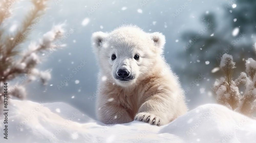 Cute baby polar bear in snow winter  AI generated illustration