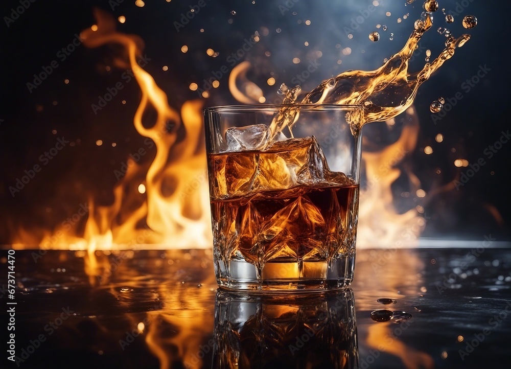 glass of Whishey with ice on dark marble background, flame background
glass of Whishey with ice on dark marble background, flame background