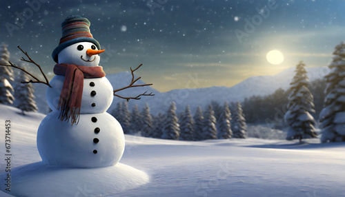 3D Snowman with winter landscape and snow with copy space background
