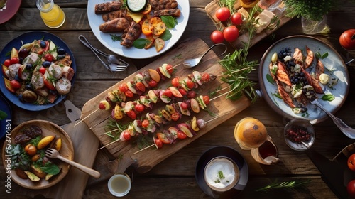 Meat on skewers. grilled meat, kebab from chicken fillet, seasoned with sauce. Grilled vegetables with meat.