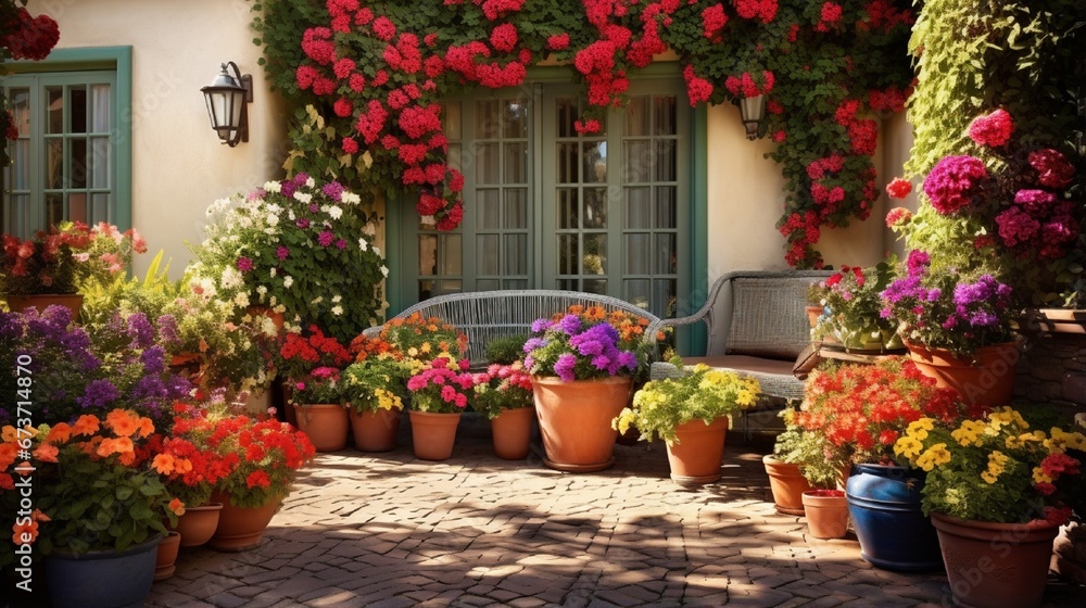 A garden patio surrounded by colorful potted flowers, creating a charming and inviting outdoor space.