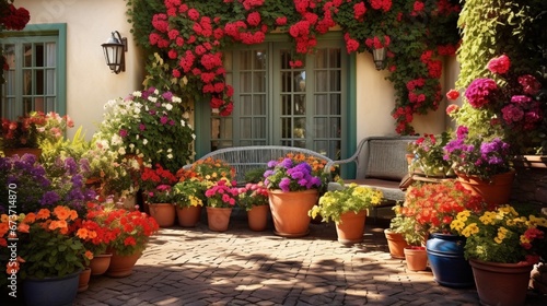 A garden patio surrounded by colorful potted flowers  creating a charming and inviting outdoor space.