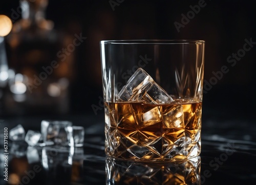 glass of Whiskey with ice on dark marble background  © abu