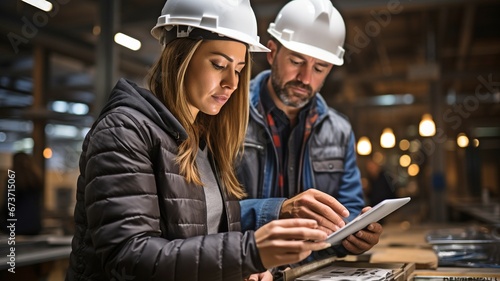 A female architect with a hard hat and a carpenter inside a building site, studying project designs on a tablet computer .