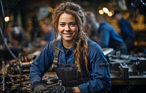 Surrounded by work tools, a female employee in a metalworking workplace looks at a camera..