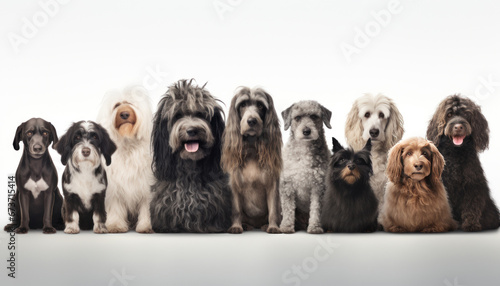 Dog background, a group of different colored dogs lined up to pose for a portrait. Banner or social media cover