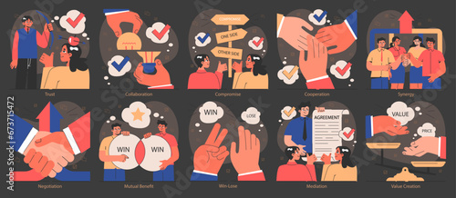 Win-win dark or night mode set. Professionals, employees navigate challenges, finding mutual success. Compromise, synergy and collaboration in negotiation process. Flat vector illustration.