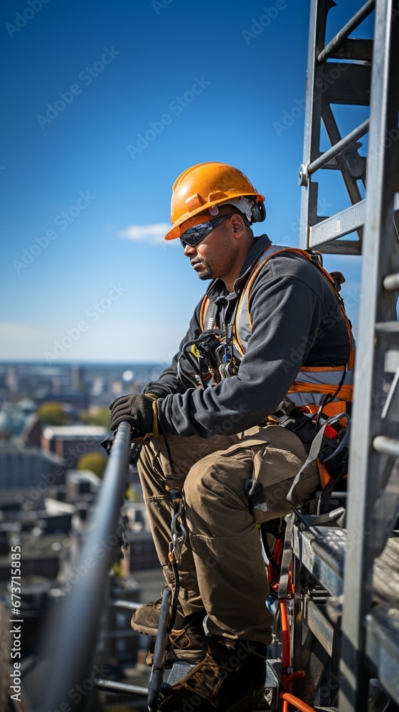 On a building site, a roofer standing on a scaffold is using a remote control to operate a crane. . On a building site, a roofer standing on a scaffold is using a remote control to operate a crane. .