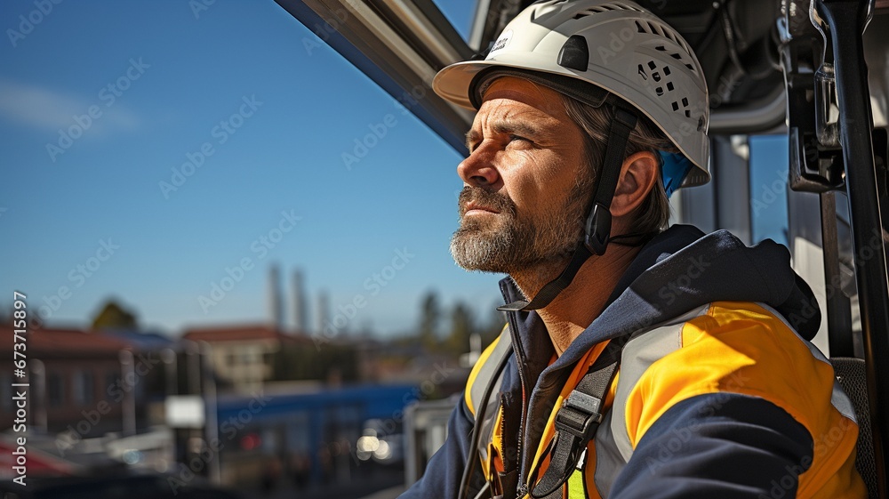 Obraz premium On a building site, a roofer standing on a scaffold is using a remote control to operate a crane. .