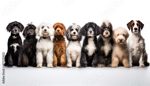 Dog background. Different dogs looking up isolated on a white background. Banner or social media cover © Katewaree