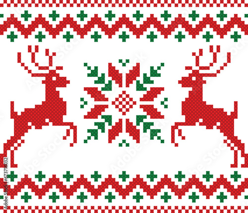seamless pattern with christmas reindeer. tribal pattern. local fabric pattern. pixel pattern. cross stitch