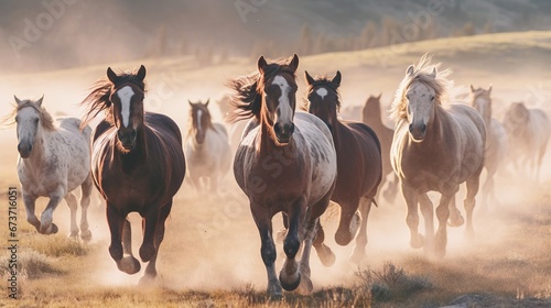 A herd of wild horses running free representing the AI generated illustration