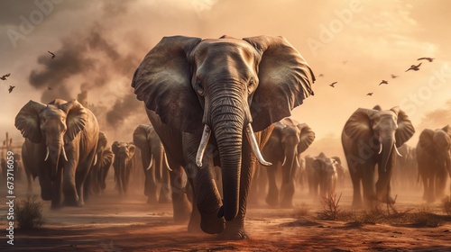 A herd of elephants traversing a savannah representi AI generated illustration