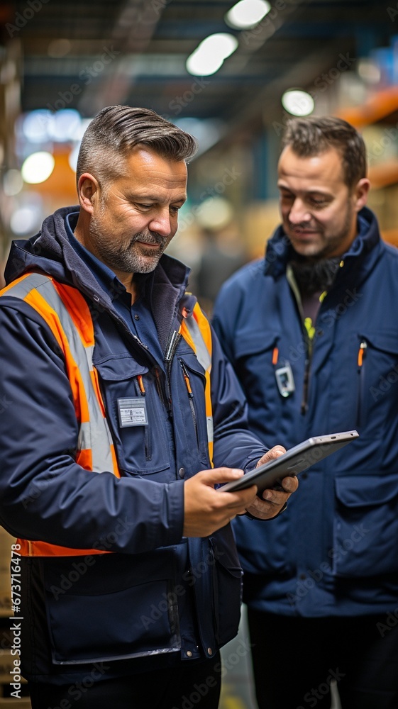 Team in charge of beverage logistics during a deployment briefing while using a tablet PC. Team in charge of beverage logistics during a deployment briefing while using a tablet PC.