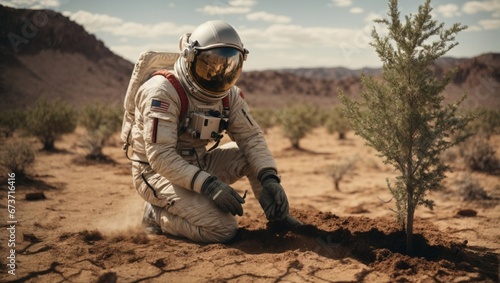 Cosmic Harvest, An Astronaut Cultivating Life in Barren Frontiers photo