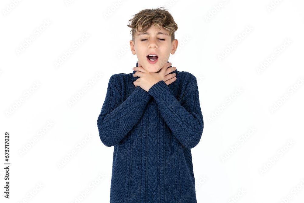 Caucasian teen boy shouting suffocate because painful strangle. Health problem. Asphyxiate and suicide concept. Caucasian teen boy shouting suffocate because painful strangle. Health problem. Asphyxiate and suicide concept.