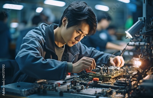 A female electrical engineer in a white lab coat is performing an optical check on PCB boards while working on an electronic assembly line..