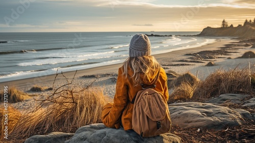 Fototapeta Naklejka Na Ścianę i Meble -  Wintertime woman in reflective mood on a beach along the Baltic Sea .