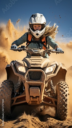 ATV rider in the desert of Dubai on sand dunes .