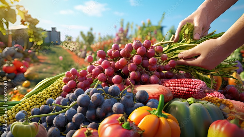 Fresh seasonal berries, fruits, and vegetables are picked by careful hands and laid out on the surface. Healthy food with vitamins. Colorful. Generative AI. - obrazy, fototapety, plakaty 