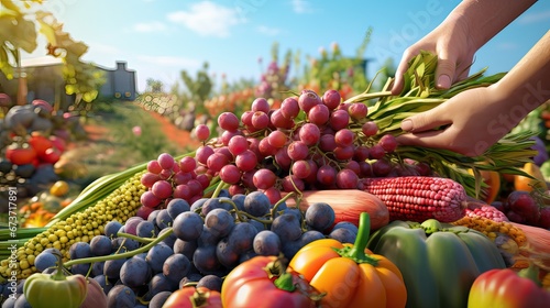 Fresh seasonal berries, fruits, and vegetables are picked by careful hands and laid out on the surface. Healthy food with vitamins. Colorful. Generative AI.