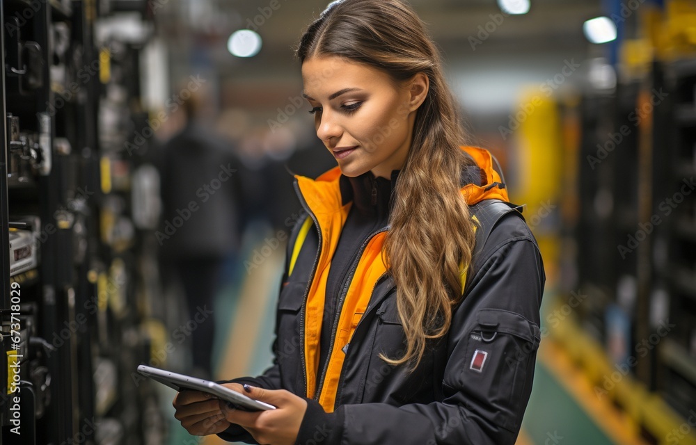 Young is standing in front of an electrical cabinet with a clipboard, examining its functionality and making notes.. Young is standing in front of an electrical cabinet with a clipboard, examining its functionality and making notes..