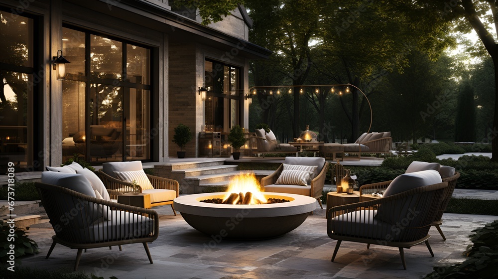 An image of a beautiful outdoor seating area, with several luxurious chairs arranged around a fire pit.