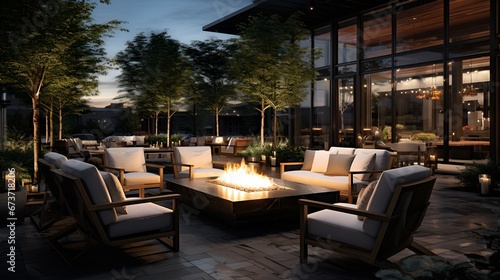 An image of a beautiful outdoor seating area, with several luxurious chairs arranged around a fire pit. © Rando