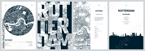 Set of travel posters with Rotterdam, detailed urban street plan city map, Silhouette city skyline, vector artwork