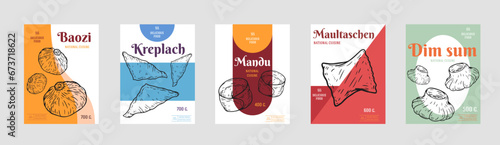 Collection food design for branding package, cover, poster. Set background template with various dumplings in retro hand drawn style. Vector illustration.