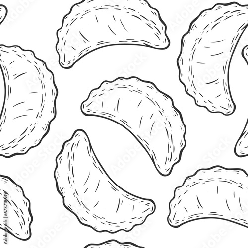 Seamless pattern with dumplings in hand drawn monochrome style. Kitchen background for wallpaper, branding, textile. Sketch vector illustration.