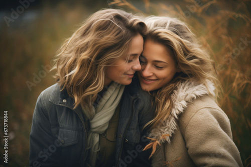 Happy lesbian couple in love, girlfriends hugging in nature, autumn season. Romantic scene between two loving women, female gay tenderness.