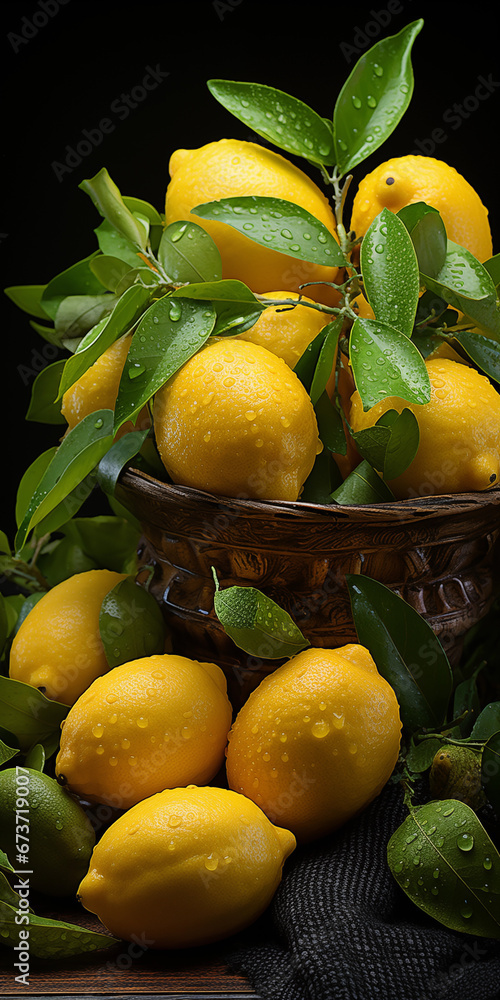 Frische Zitronen am Baum mit Wassertropfen Nahaufnahme im Hochformat, ai generativ