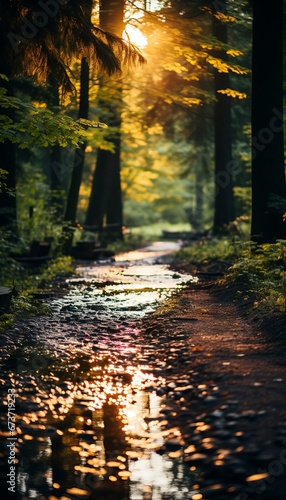 Sunrise forest landscape with grass and clouds Created with generative Ai