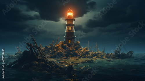 Lighthouse in the middle of the sea at night