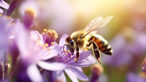 bee and beautiful purple flower spring summer season © Yuwarin